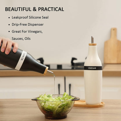 HOMCDALY Olive Oil and Vinegar Dispenser Set, Two 16oz Ceramic Oil Dispenser for Kitchen, Kitchen