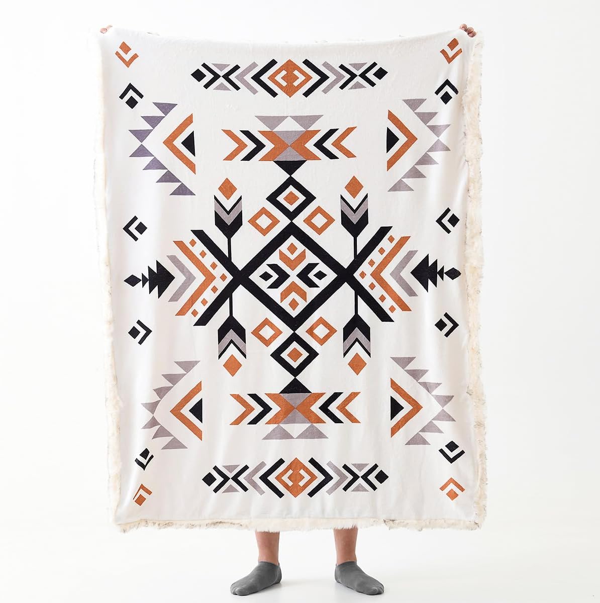 Luxury Plush Faux Fur Throw Blanket with Aztec Pattern, Super Warm, Fuzzy, Elegant, Fluffy
