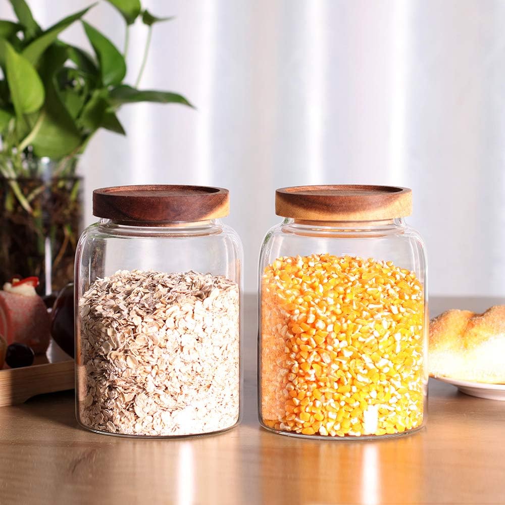 Glass Storage Jars with Airtight Lids, Set of 2 42 FL OZ (1250ml) coffee container with Wooden Lid
