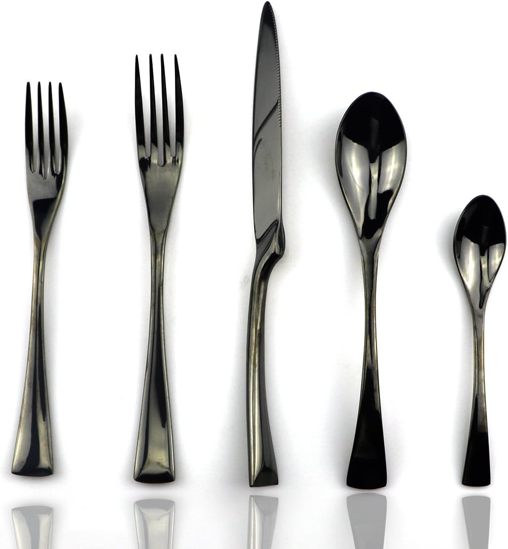 JASHII 18/10 Stainless Steel 20 Piece Mirror Polished Black Flatware Set,Dinner Knife Fork Salad