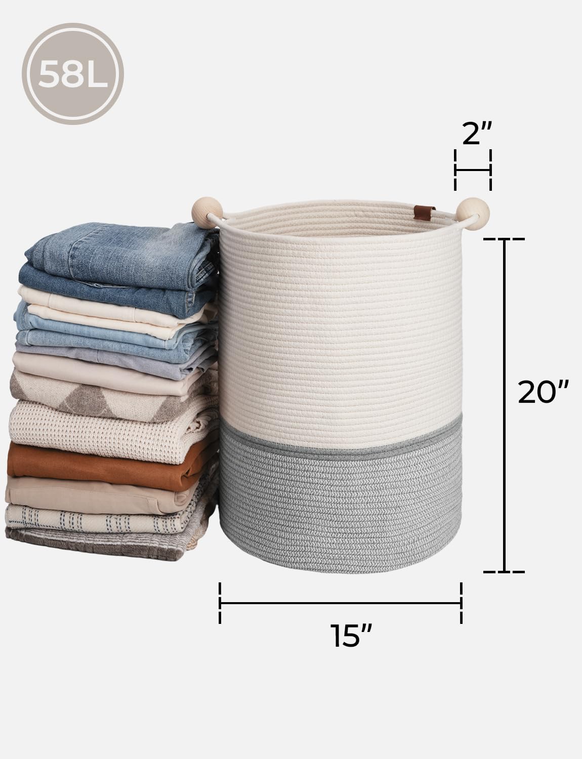 StorageWorks 58L Cotton Rope Laundry Basket with Wooden Beads Handles, Woven Basket for Storage