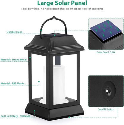 TomCare Solar Lights Metal Flickering Flame Solar Lantern Outdoor Hanging Lanterns Decorative