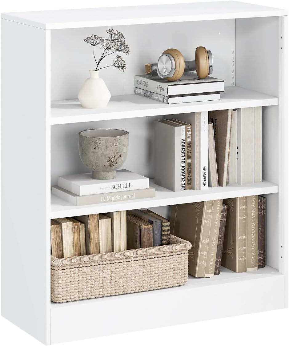 3-Tier Bookshelf with Adjustable Shelves, White Metal Space Saving Storage Shelf Bookcase, Small