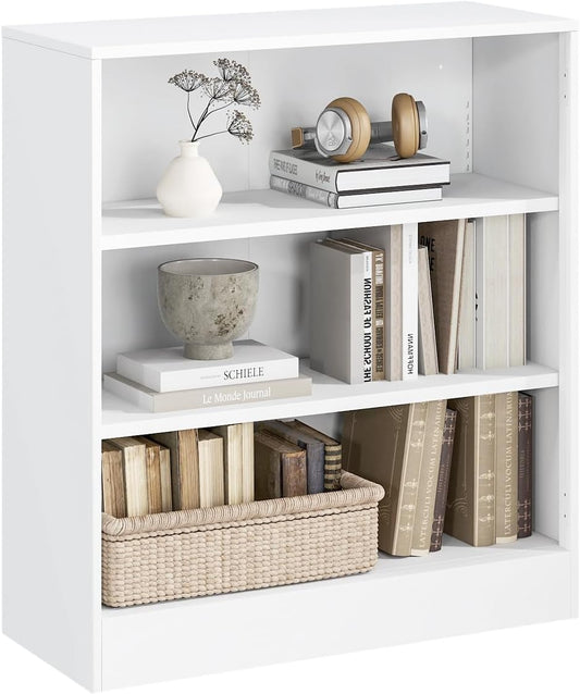 3-Tier Bookshelf with Adjustable Shelves, White Metal Space Saving Storage Shelf Bookcase, Small