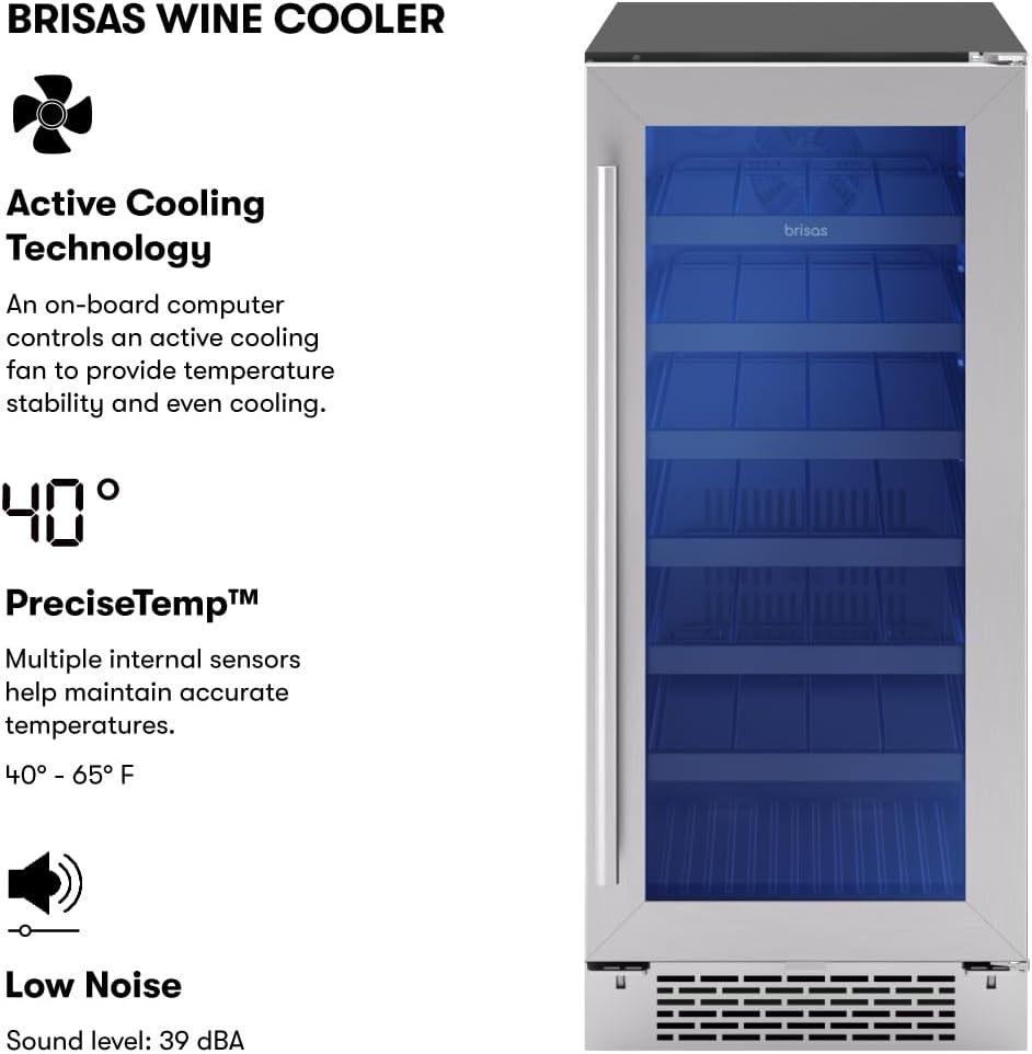 Zephyr Brisas 15 Inch Slim Wine Fridge Single Zone Under Counter - Narrow Mini Wine Cooler Small