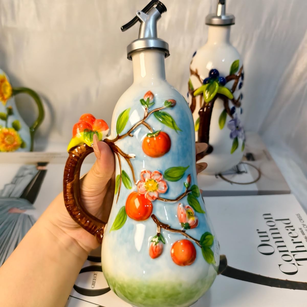 18 Oz Hand Painted Relief Ceramic Olive Oil Bottle Dispenser for Kitchen, Oil and Vinegar Bottle