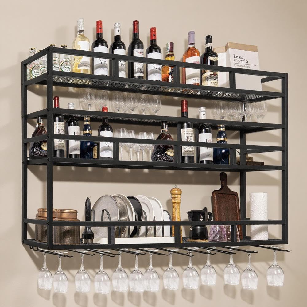 59" Large Wine Rack Wall Mounted with Bottle Glass Holder, 3-Tiers Metal Liquor Floating Shelves