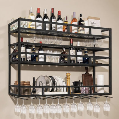 59" Large Wine Rack Wall Mounted with Bottle Glass Holder, 3-Tiers Metal Liquor Floating Shelves