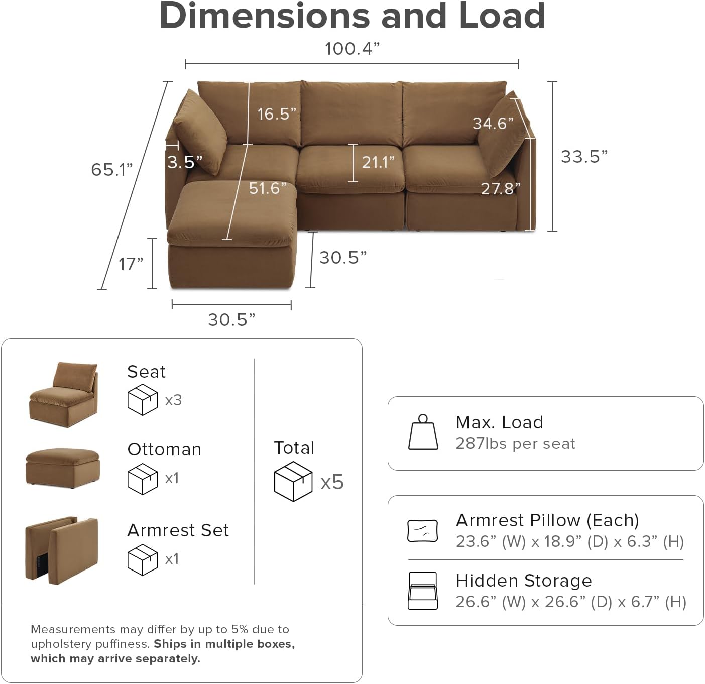 mopio Oversized Modular Sectional Sofa with Fully Removable Covers and Storage, Convertible U