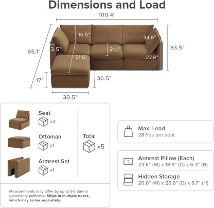 mopio Oversized Modular Sectional Sofa with Fully Removable Covers and Storage, Convertible U