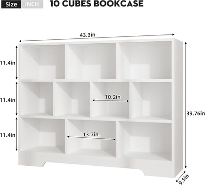 Book Shelf, 10 Cubes Storage Organizer, 3-Tier Open Shelf Wooden Bookcase, Freestanding White