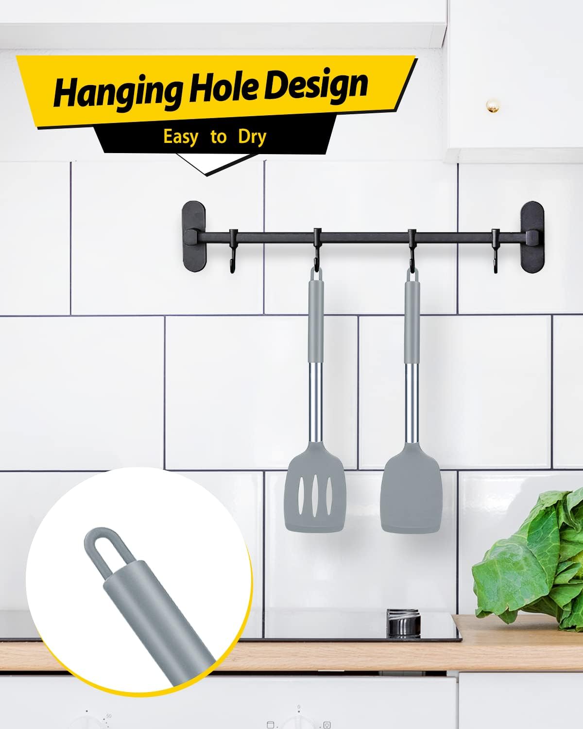 Pack of 2 Silicone Solid Turner, Non Stick Slotted Kitchen Spatulas, High Heat Resistant BPA Free