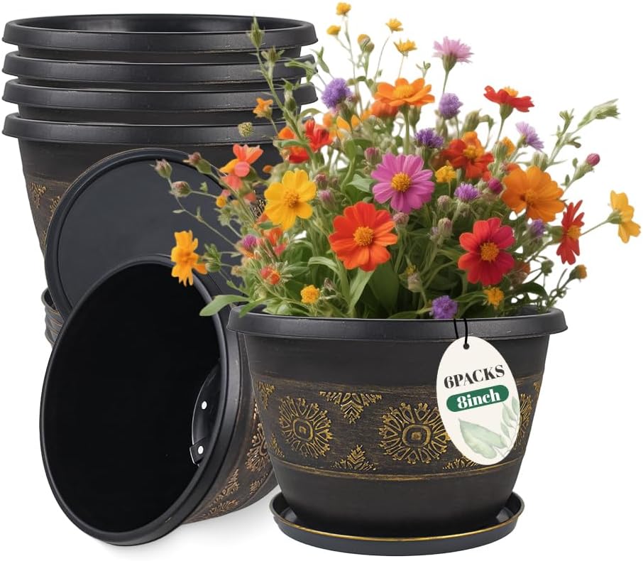 6 Pack 8 inch Plant Pots, Retro Pattern Planters with Drainage Holes and Saucer, Sturdy Plastic