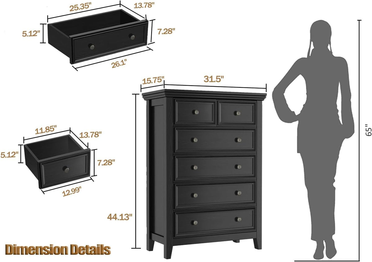 BLANKSPACE Black Dresser, 6 Chest Drawer Dresser for Bedroom, Large Capacity Nightstand, Modern