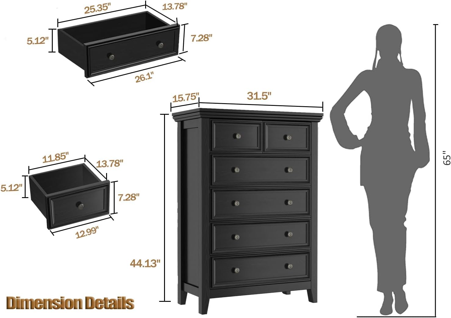 BLANKSPACE Black Dresser, 6 Chest Drawer Dresser for Bedroom, Large Capacity Nightstand, Modern