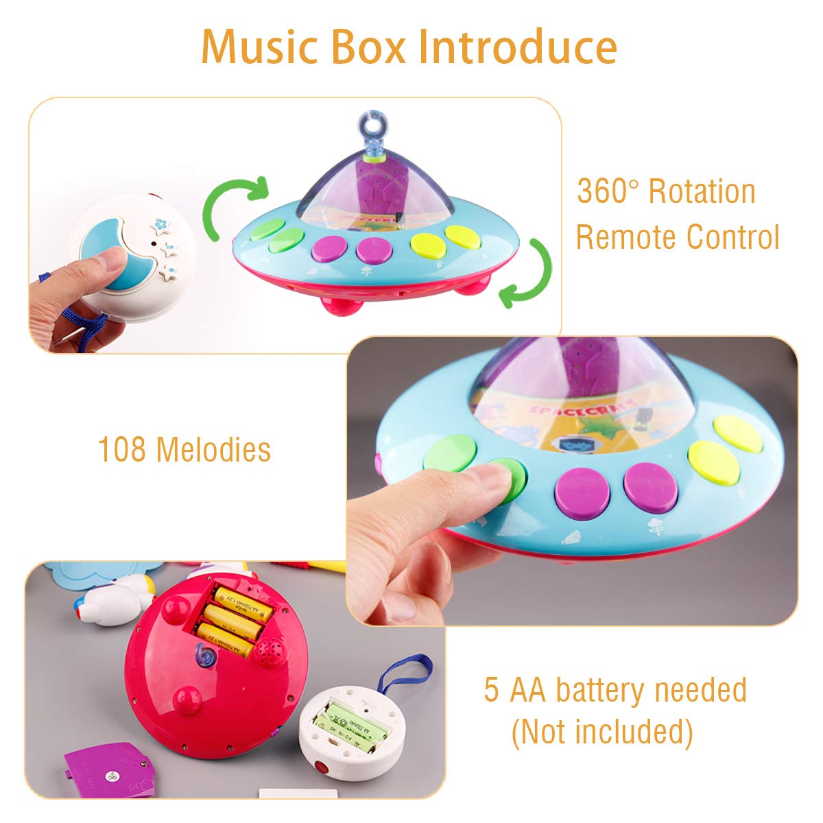 Mini Tudou Musical Baby Crib Mobile Toy with Lights and Music, Star Projector Function and Cartoon
