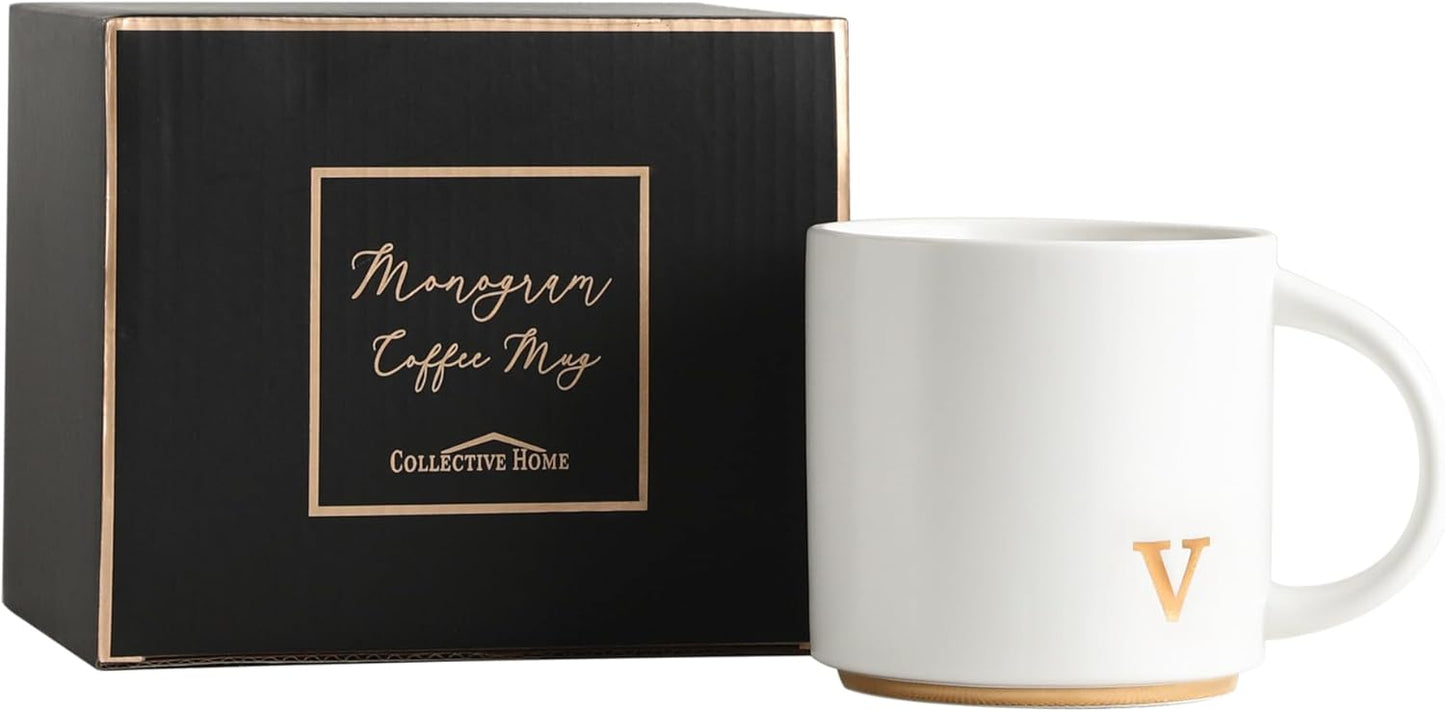 COLLECTIVE HOME - Monogram Ceramic Mugs, 15 oz Golden Initial Coffee Cups, Elegant Alphabet Tea