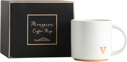 COLLECTIVE HOME - Monogram Ceramic Mugs, 15 oz Golden Initial Coffee Cups, Elegant Alphabet Tea