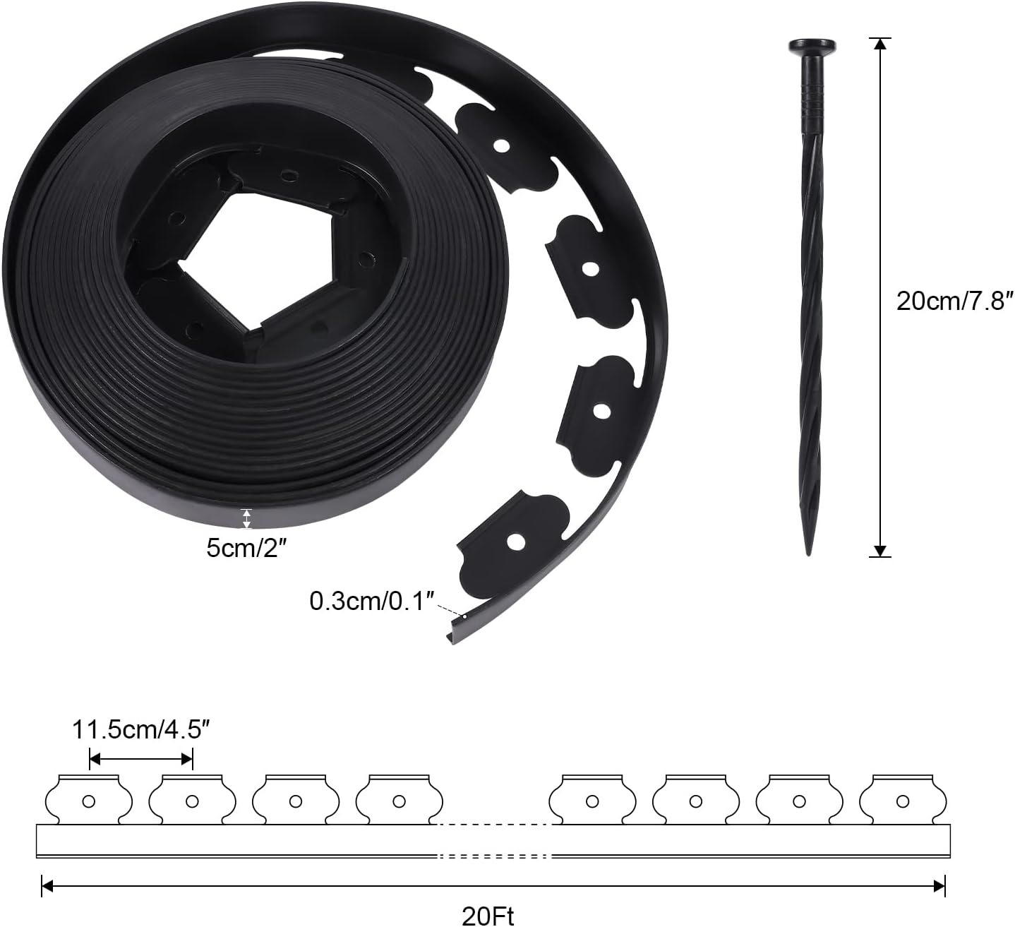 No Dig Durable Garden Landscape Edging Kit, 2" Tall Black Plastic Lawn Border for Landscaping