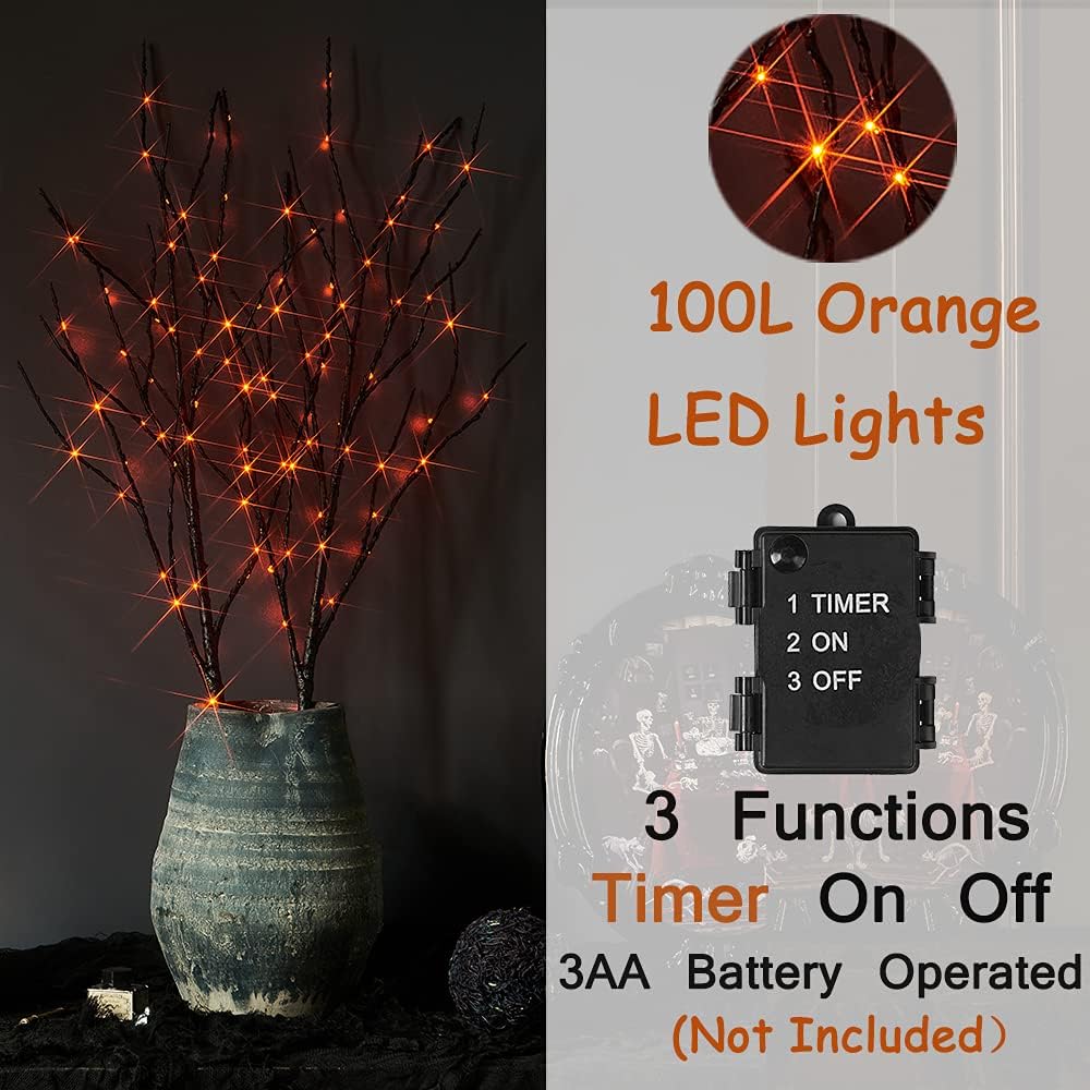 LITBLOOM Halloween Tree Branch Lights 32IN 100 Orange LED with Timer, Lighted Black Twig Branches