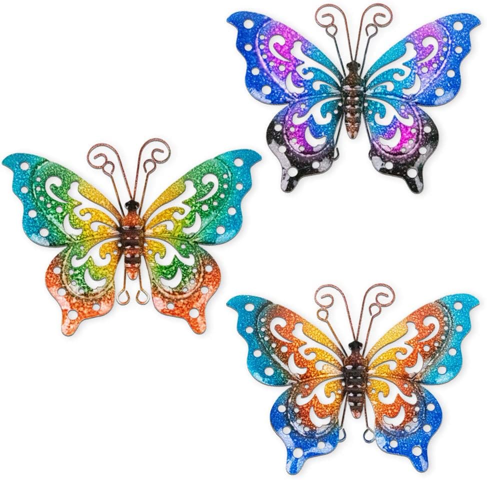 3 Pack Metal Butterfly Wall Decor, Colorful Metal Butterfly Outdoor Wall Art, Hand-Made Outdoor