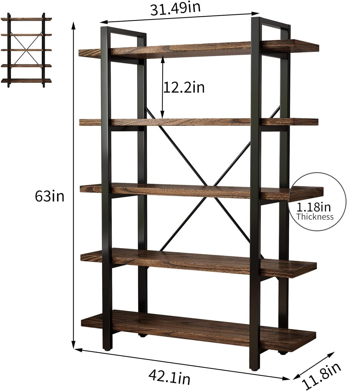 5-Tier Industrial Style Solid Wood Bookcase and Book Shelves,Rustic Wood and Metal Shelving Unit，