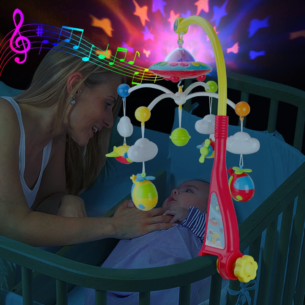 Mini Tudou Musical Baby Crib Mobile Toy with Lights and Music, Star Projector Function and Cartoon