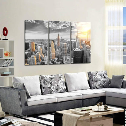 LevvArts Large 3 Piece New York City Canvas Wall Art Modern Black and White NYC at Gold Sunset