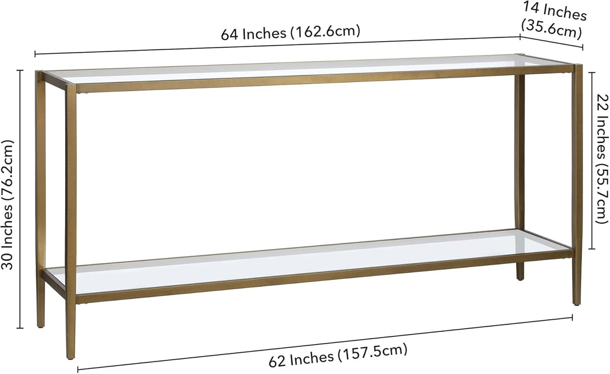 Henn&Hart 64" Wide Rectangular Console Table with Glass Shelf in Brushed Brass, Entryway Table