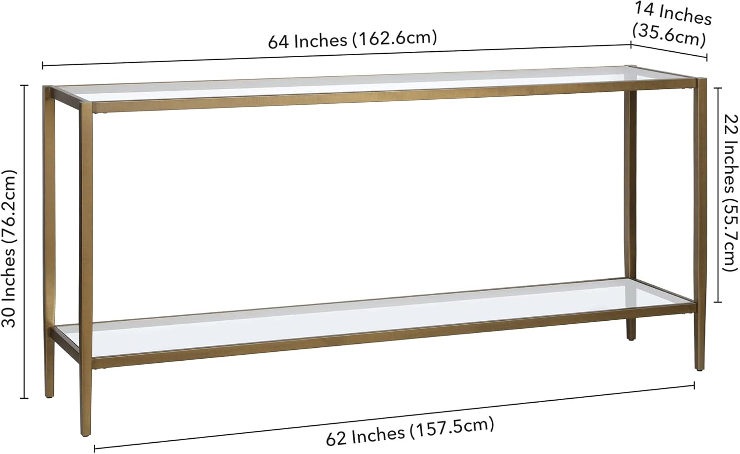 Henn&Hart 64" Wide Rectangular Console Table with Glass Shelf in Brushed Brass, Entryway Table