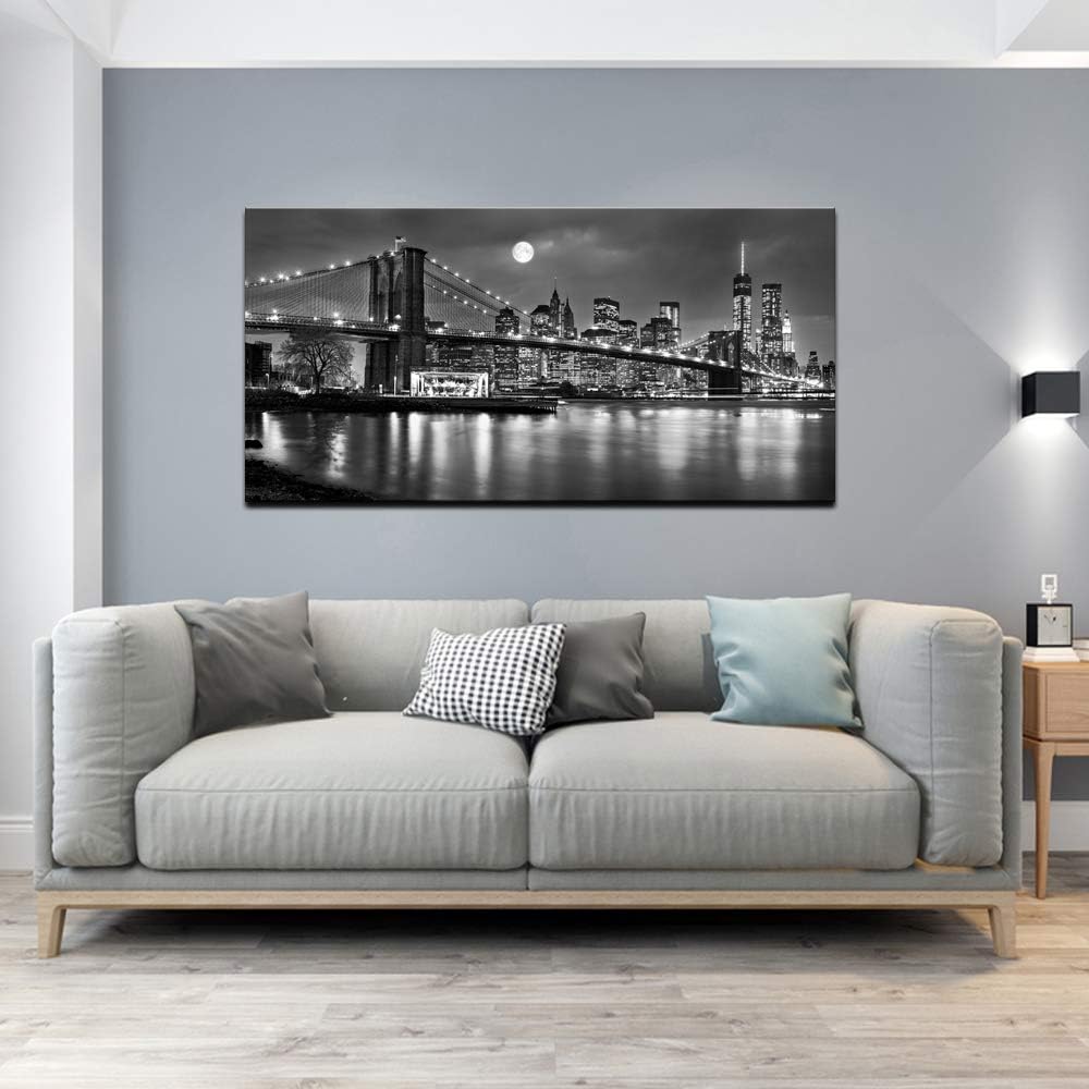 LevvArts - Black and White New York Picture Brooklyn Bridge Canvas Wall Art Full Moon Night