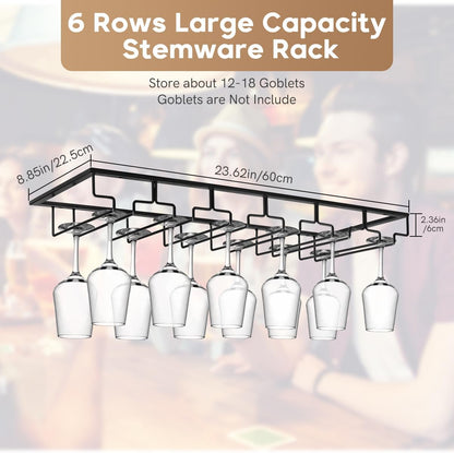Xverycan Wine Glass Rack Under Cabinet, 6 Row Extreme Large Stemware Hanger, Metal Wine Goblet
