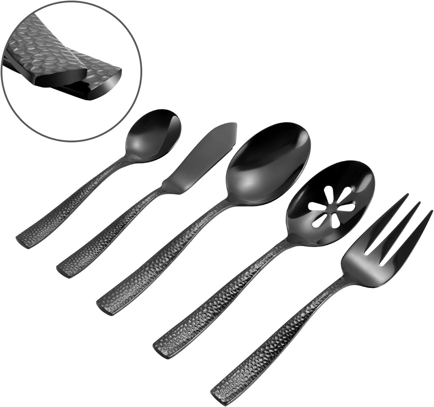 Silverware 65-Piece Black Hammered Flatware Set with Serving Utensils Stainless Steel Thick Handle