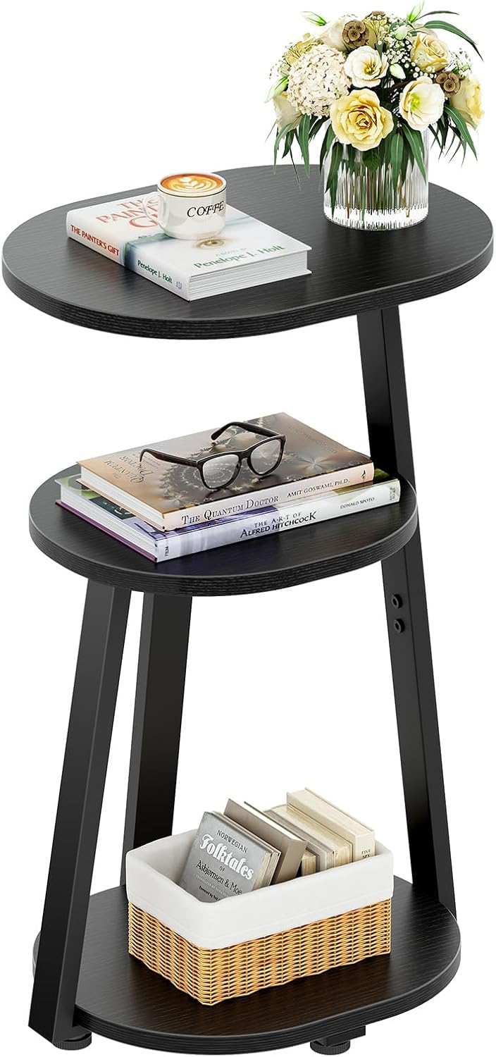 Side Table, Small End Table with Metal Frame, 3-Tier Bedside Tables, Round Side Tables for Living