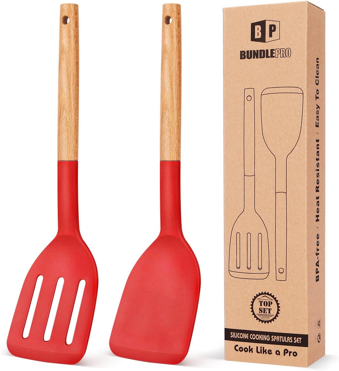 Pack of 2 Silicone Cooking Spatula, Heat Resistant Solid Turner, Non Stick Slotted Spatulas with
