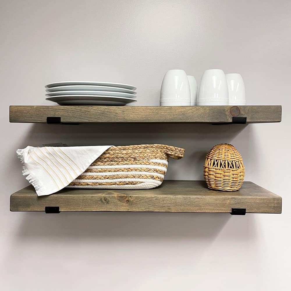 Rustic Shelves with J-Brackets Set of 2, Industrial Shelf, Kitchen Shelves, Solid Wood, Decorative