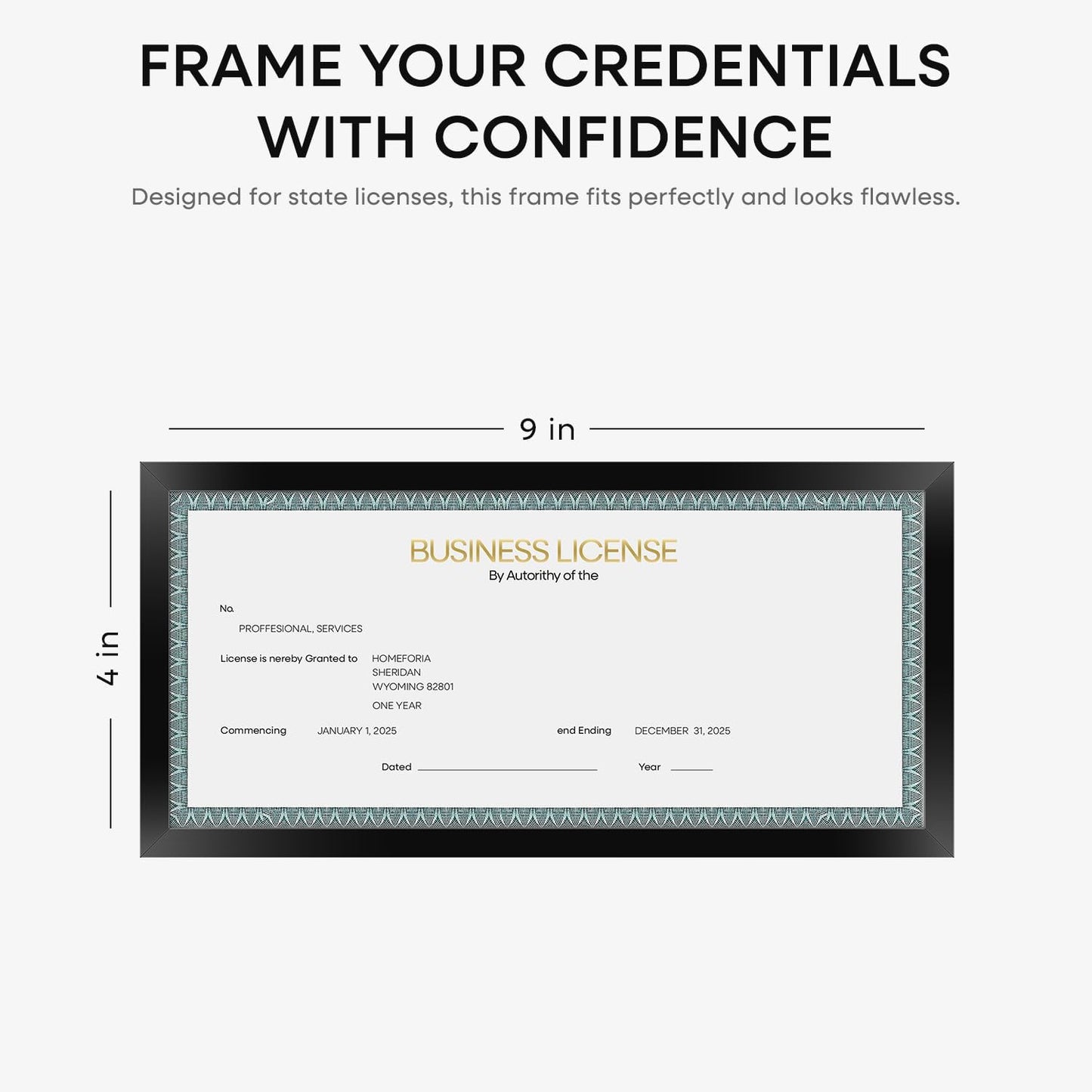 Homeforia 4x9 Business License Frame Black, High End Metal 4 x 9 Certificate Frames with Real