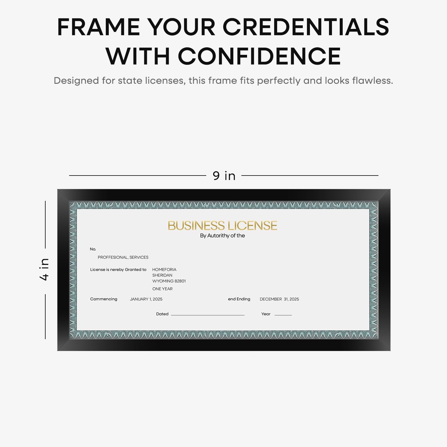 Homeforia 4x9 Business License Frame Black, High End Metal 4 x 9 Certificate Frames with Real