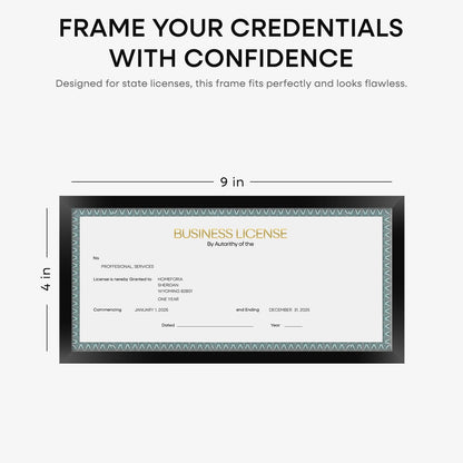 Homeforia 4x9 Business License Frame Black, High End Metal 4 x 9 Certificate Frames with Real