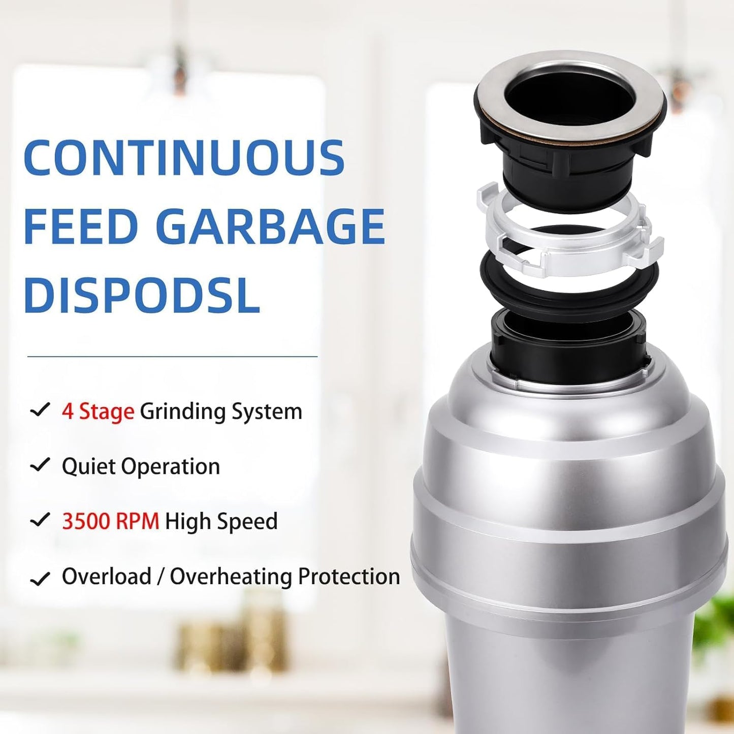 Powerful 3/4HP Stainless Steel Garbage Disposer, Dishwasher-Friendly and Continuous Feeding Waste