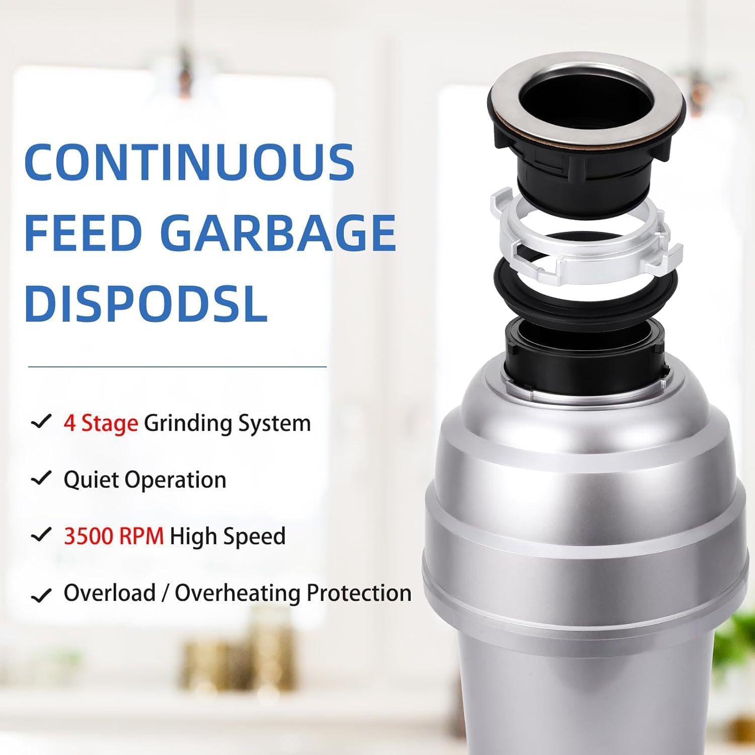 Powerful 3/4HP Stainless Steel Garbage Disposer, Dishwasher-Friendly and Continuous Feeding Waste