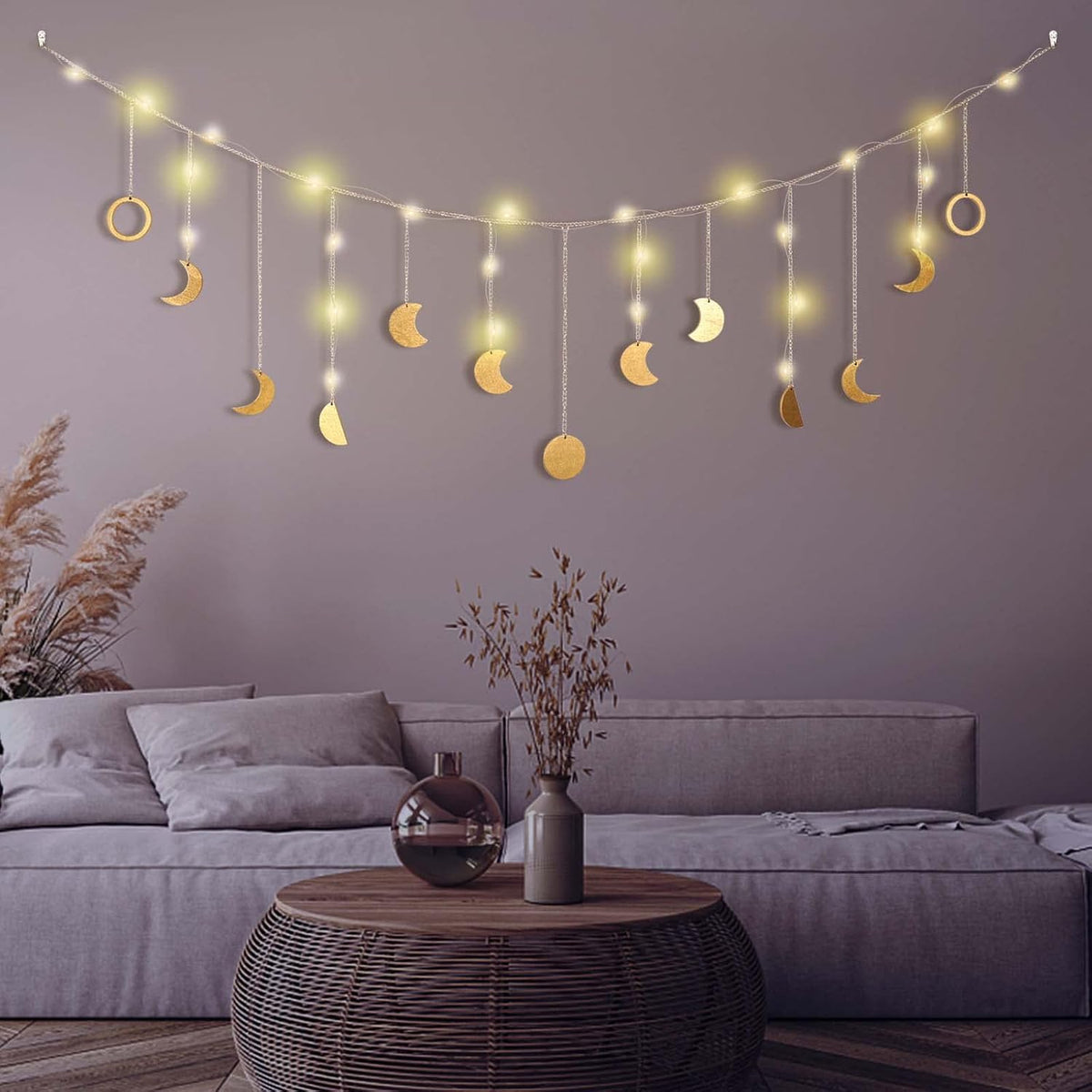 Moon Phase Wall Decor with LED String Light, 13 Gold Wood Boho Wall Hanging Decor Mood Garland 56''