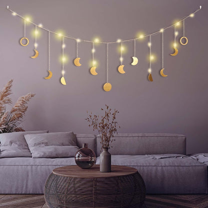 Moon Phase Wall Decor with LED String Light, 13 Gold Wood Boho Wall Hanging Decor Mood Garland 56''