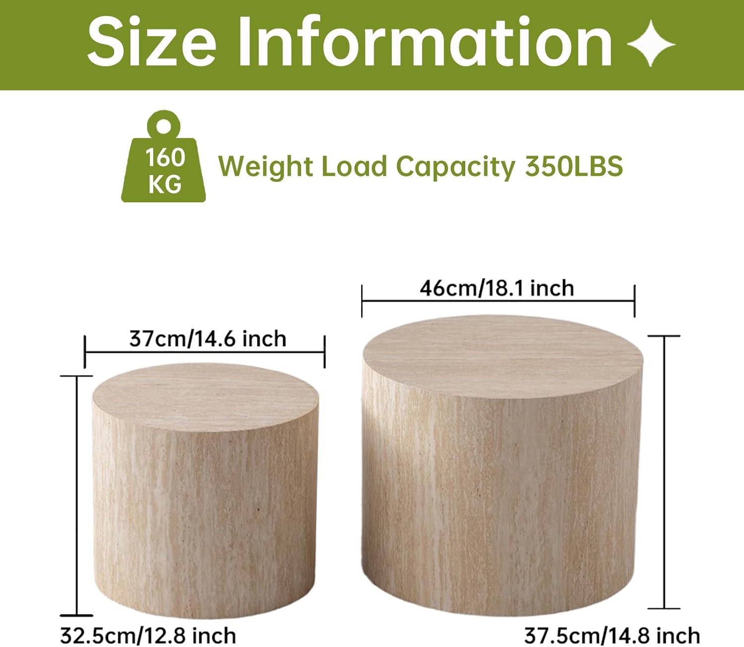 Round Nesting Coffee Table, Drum Wood Coffee Table Set of 2 Travertine-Color, Modern Nesting Tables