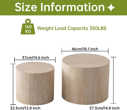 Round Nesting Coffee Table, Drum Wood Coffee Table Set of 2 Travertine-Color, Modern Nesting Tables