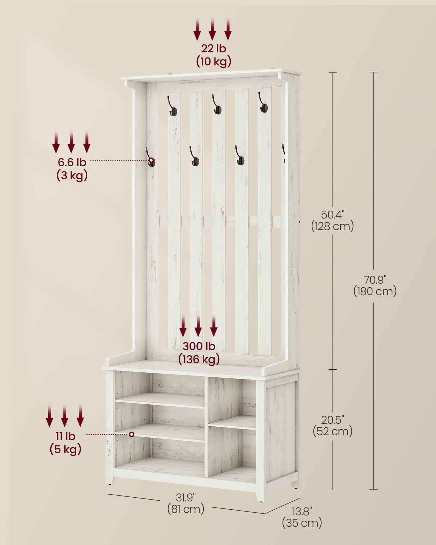 VASAGLE Hall Tree with Bench and Shoe Storage, 7 Double Hooks
