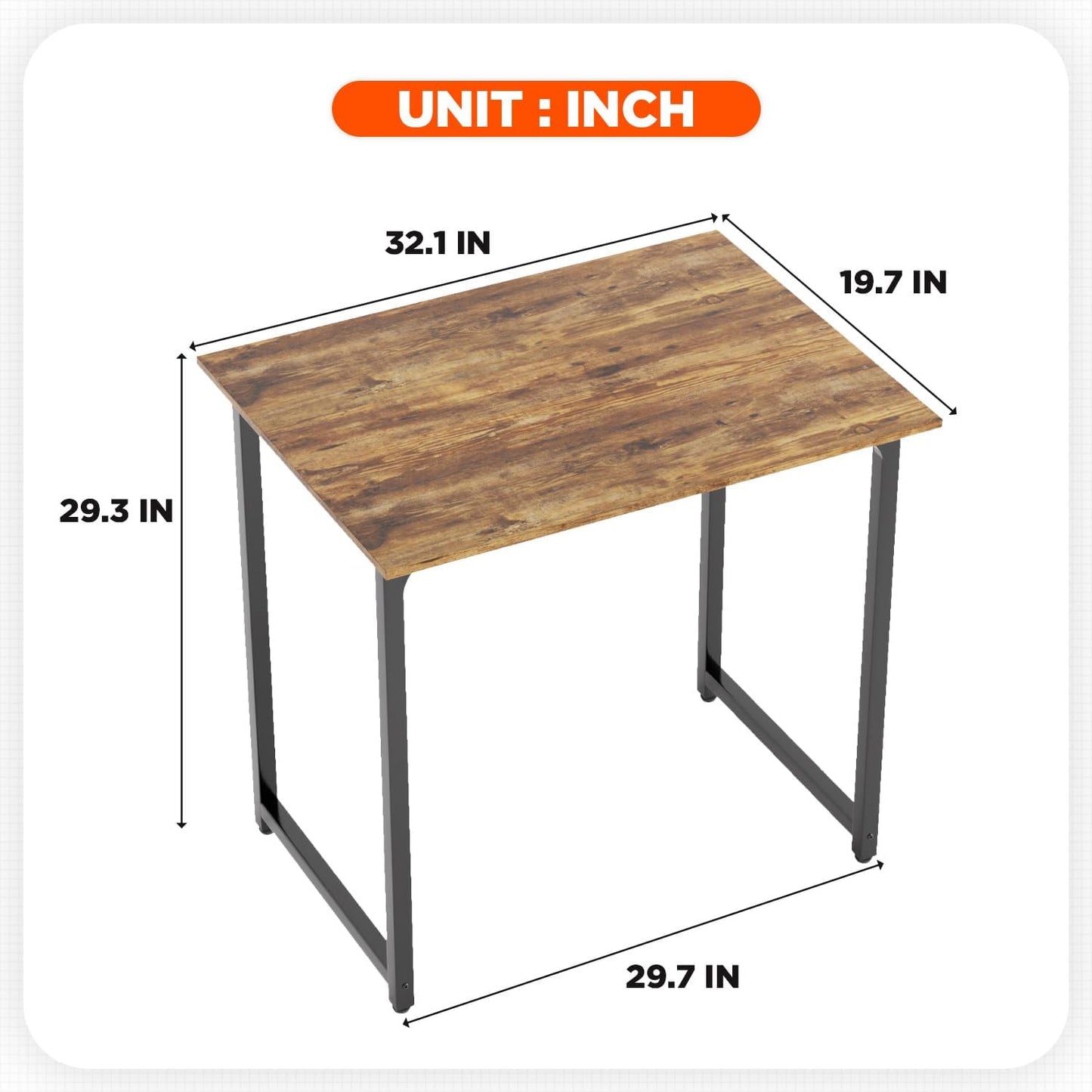 PayLessHere | 32 Inch Computer Desk | Brown | Office Desk with Metal Frame, Adjustable Feet |