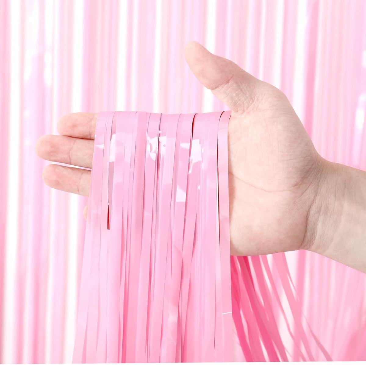 3 Pack 3.3 x 8.2 ft Pasel Pink Foil Fringe Backdrop Curtains, Tinsel Streamers Birthday Party