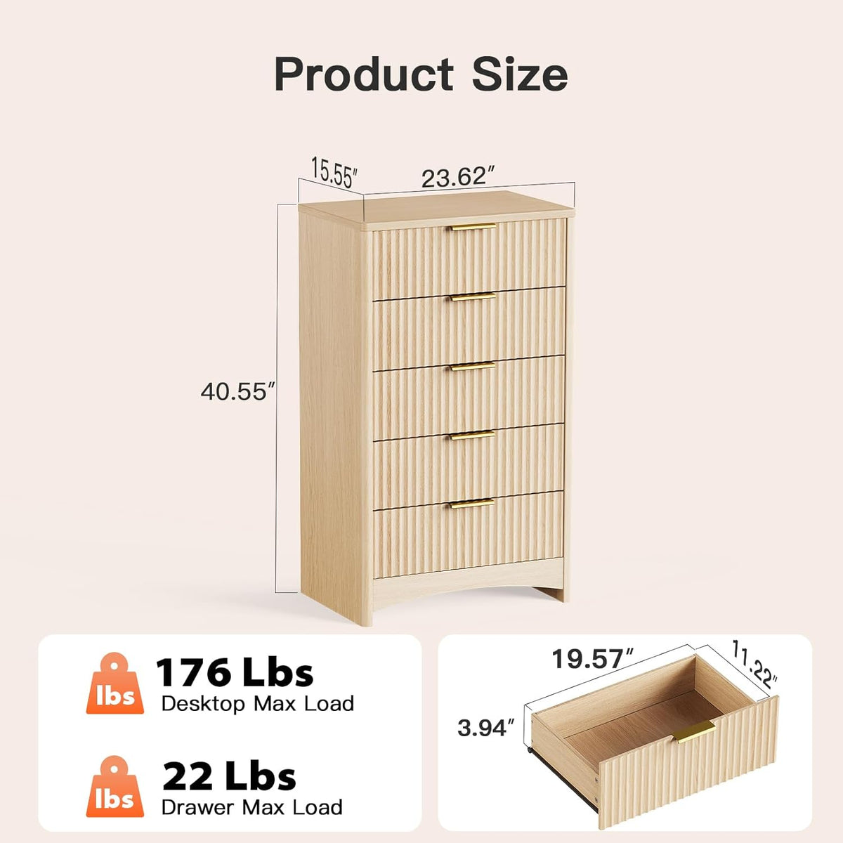 Pipishell Dresser for Bedroom, Fluted 5 Drawers Dresser, 40" Tall Modern Chest of Drawer with Round
