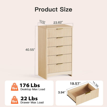 Pipishell Dresser for Bedroom, Fluted 5 Drawers Dresser, 40" Tall Modern Chest of Drawer with Round